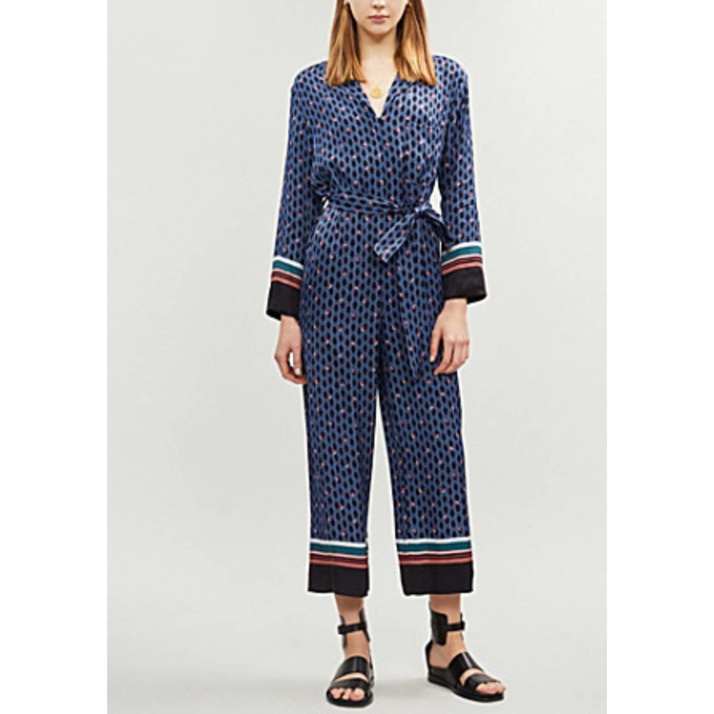 Maje Boho print silky Wide Leg Jumpsuit Blue Black L